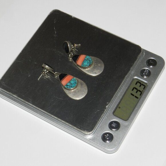 Navajo John Charley Silver 925 - Turquoise Lapis Inlay Earrings 13.3g - Picture 11 of 11